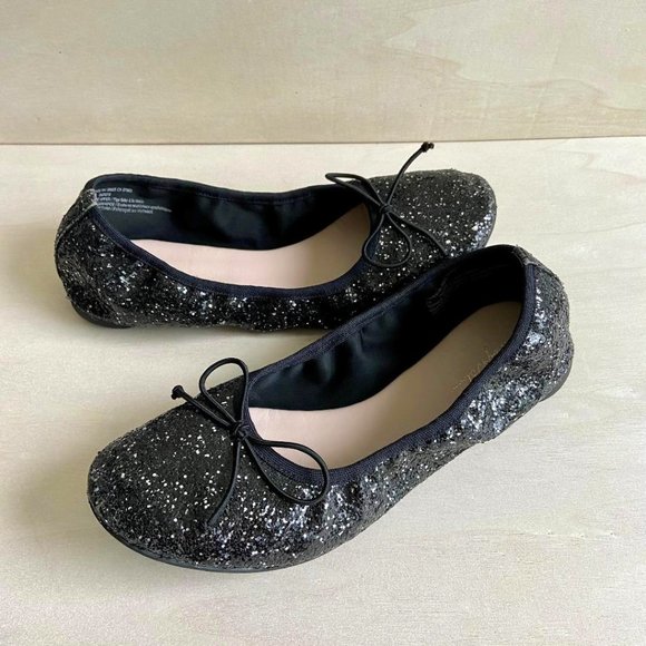 🥿HP!🥿 ruby & bloom Girls' Black Multi-Glitter Ballerina Flats with Bow - Picture 1 of 11